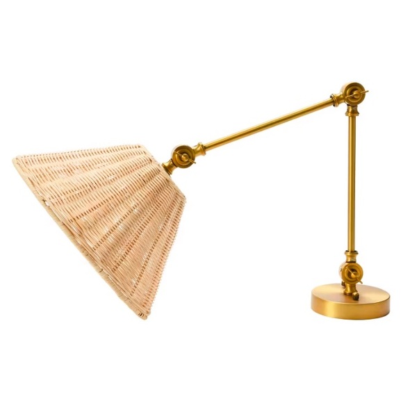 STYLISH BOHO ADJUSTABLE BRASS WALL SCONCE WITH BEIGE RATTAN SHADE‎ - NEW IN BOX - Picture 4 of 6